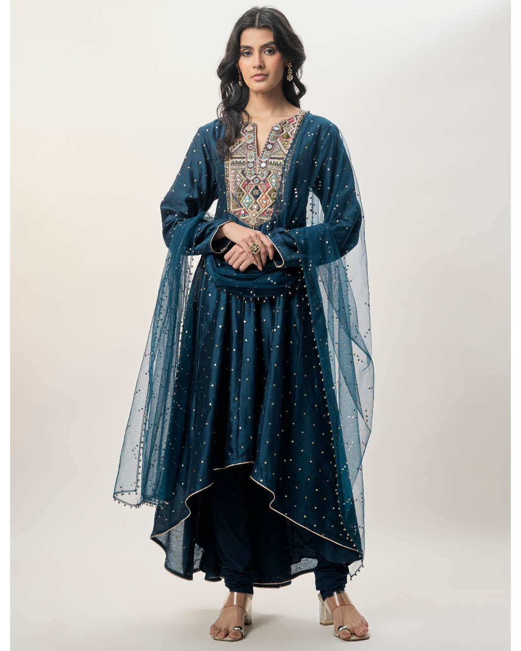 Zarrin Navy Blue Mukaish Silkmul Embroidered Anarkali With Churidar And Mukaish Net Dupatta