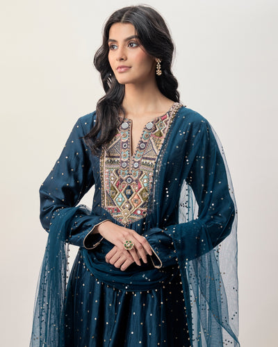 Zarrin Navy Blue Mukaish Silkmul Embroidered Anarkali With Churidar And Mukaish Net Dupatta