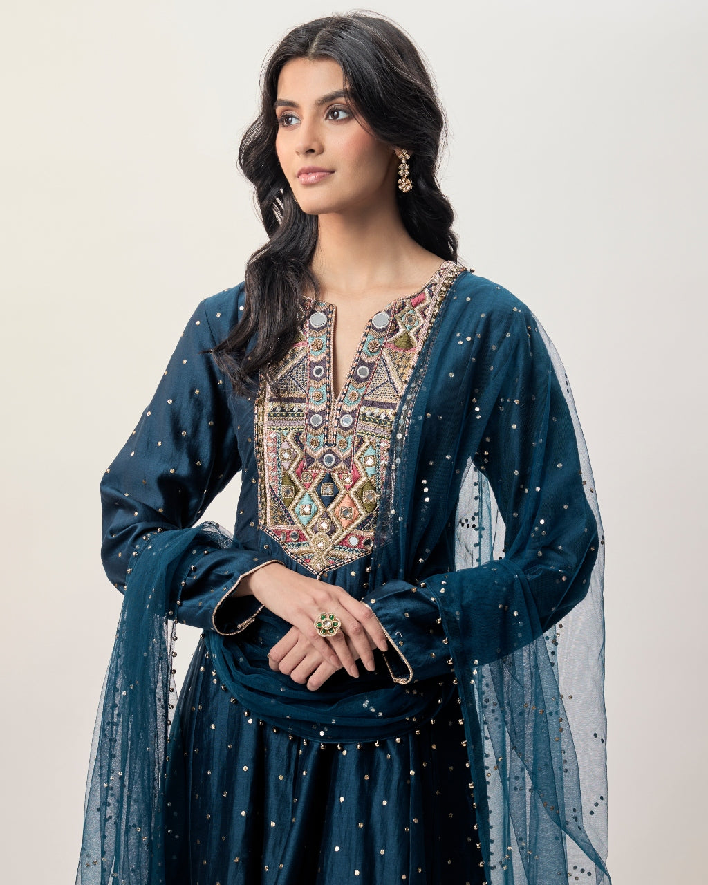 Zarrin Navy Blue Mukaish Silkmul Embroidered Anarkali With Churidar And Mukaish Net Dupatta