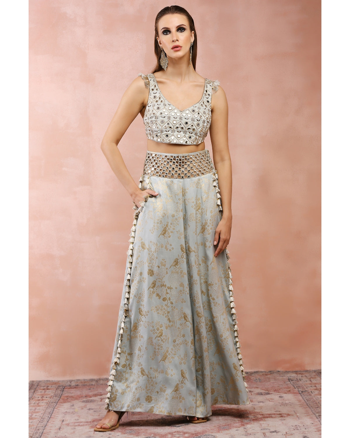 Powder Blue Embroidered Blouse With Palazzo by Payal Singhal