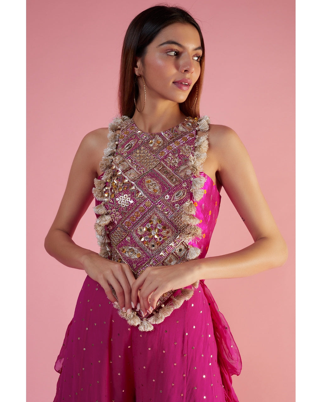 Rani Pink Embroidered Yoke With Bustier And Sharara Set