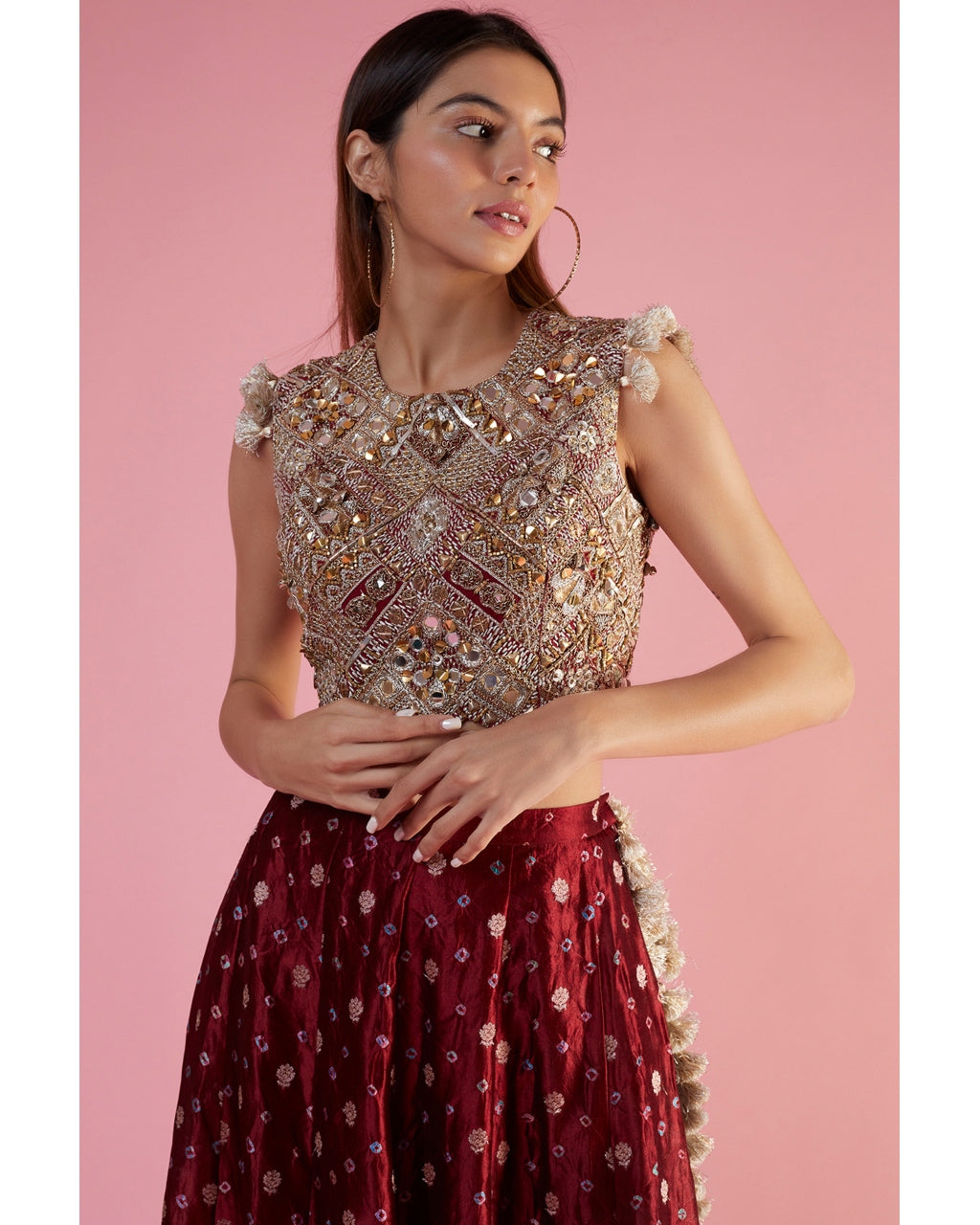 Maroon Embroidered Choli And Skirt With Attached Pants Set