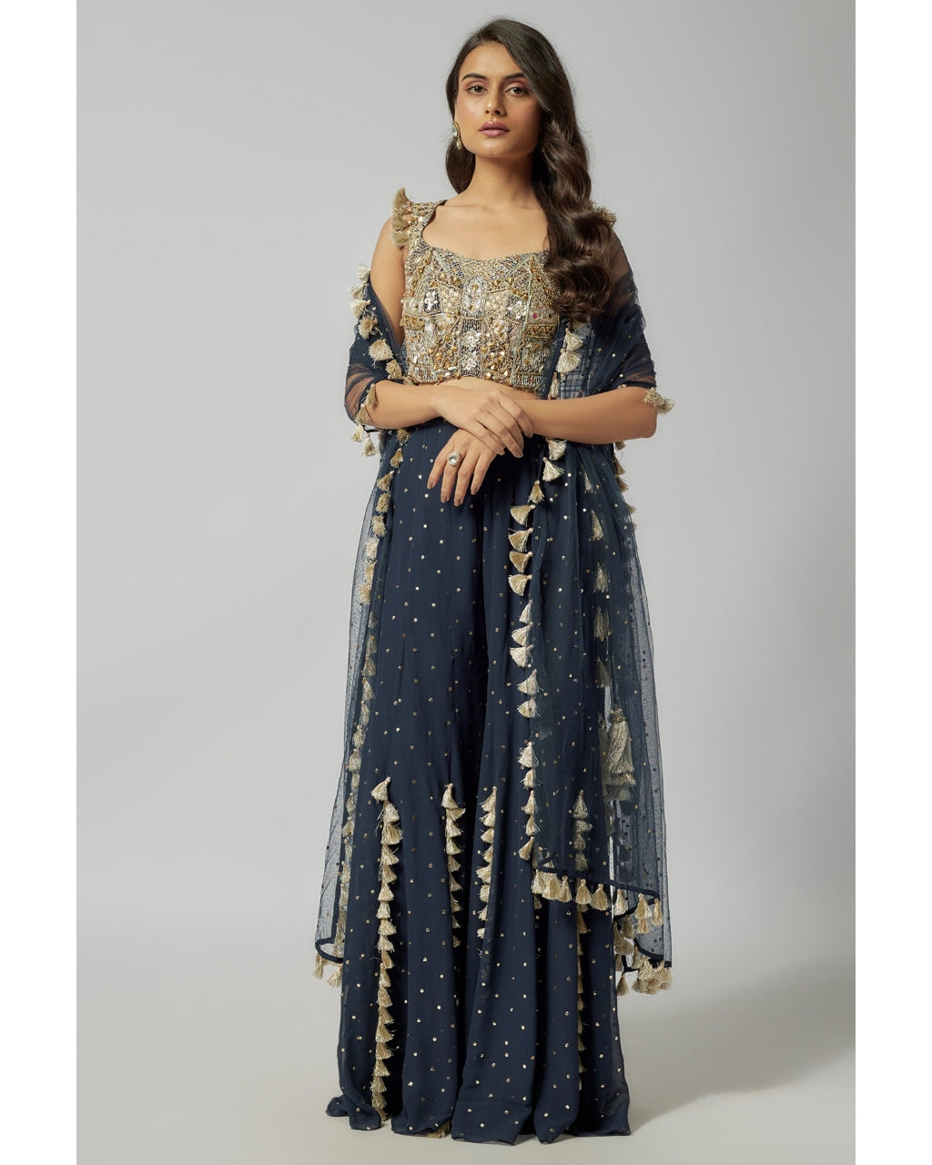 Navy Embroidered Back Tie-Up Choli With Sharara And Dupatta Set