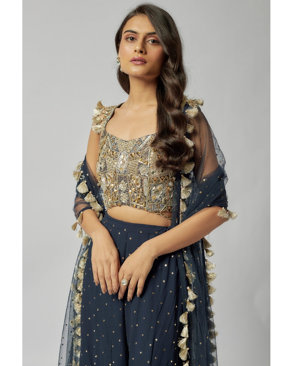 Navy Embroidered Back Tie-Up Choli With Sharara And Dupatta Set