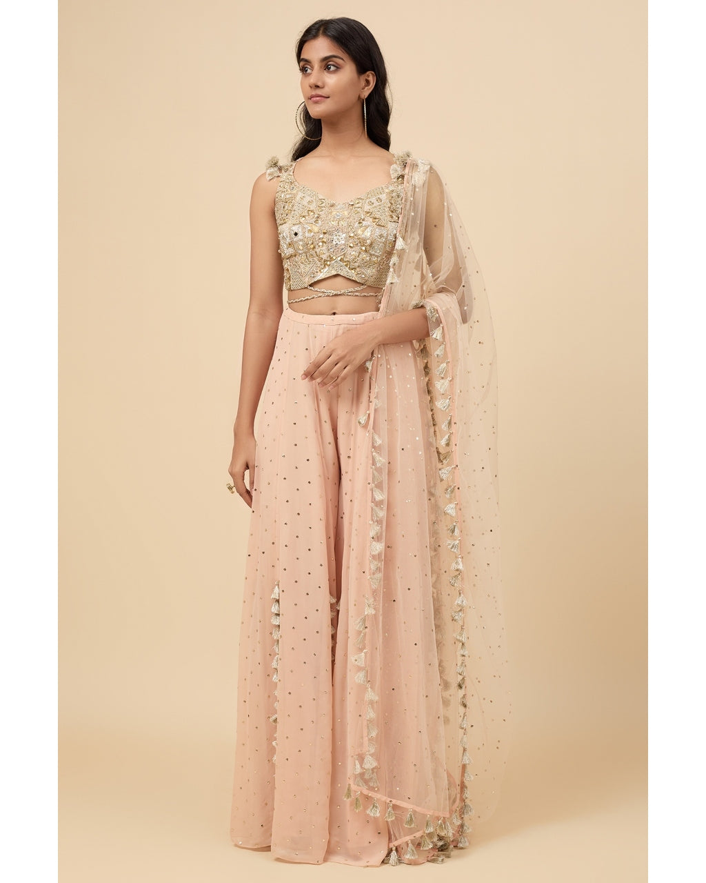 Blush Pink Embroidered Back Tie-Up Choli And Sharara With Dupatta Set