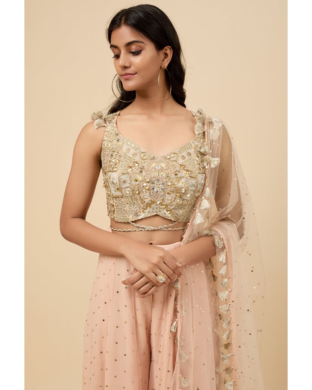 Blush Pink Embroidered Back Tie-Up Choli And Sharara With Dupatta Set