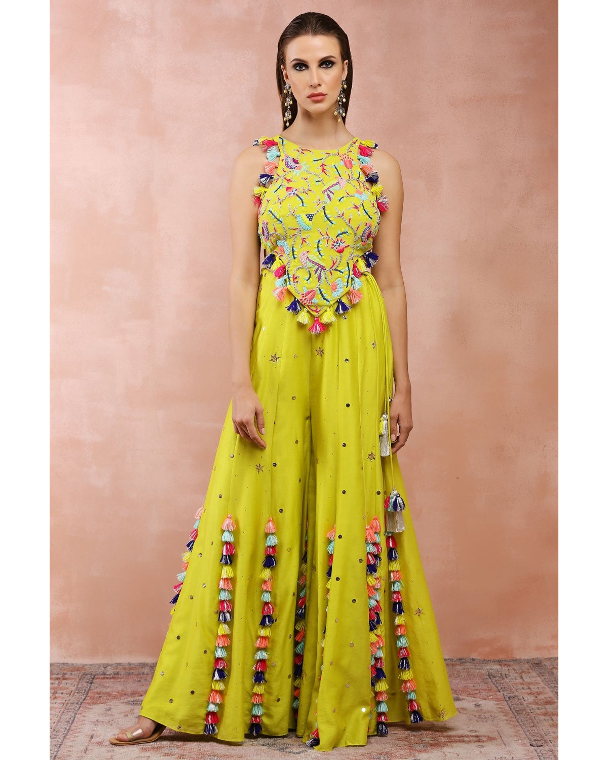 Lime Green Embroidered Blouse With Sharara by Payal Singhal