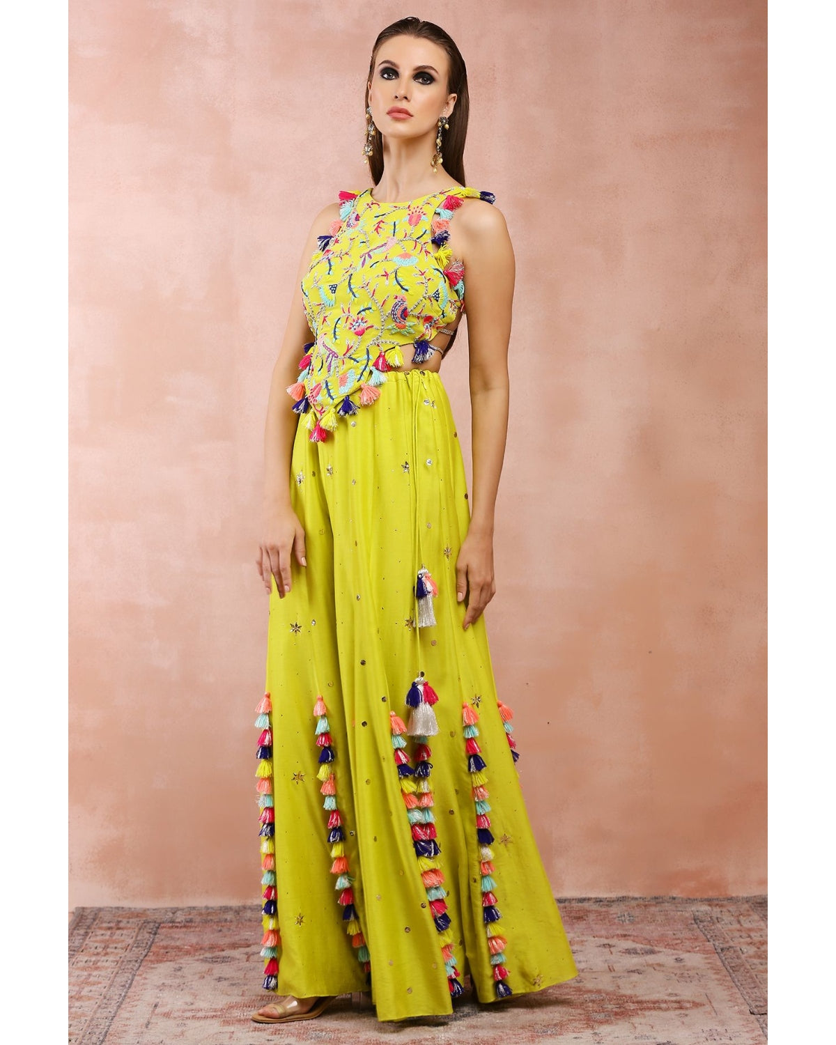 Lime Green Embroidered Blouse With Sharara