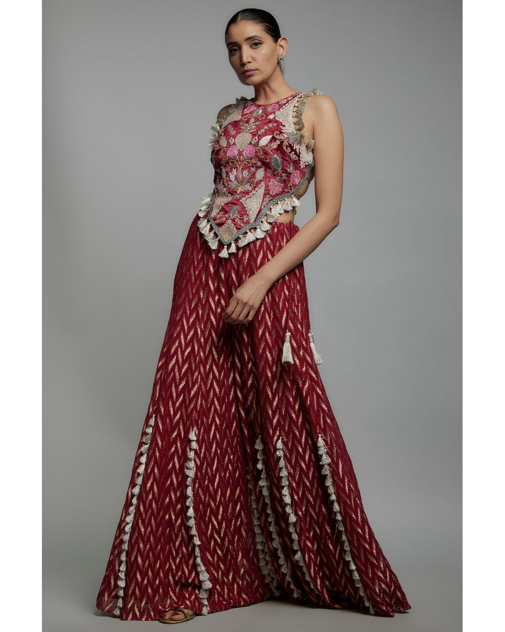 Maroon Embroidered Back Tie-Up Choli With Sharara Set