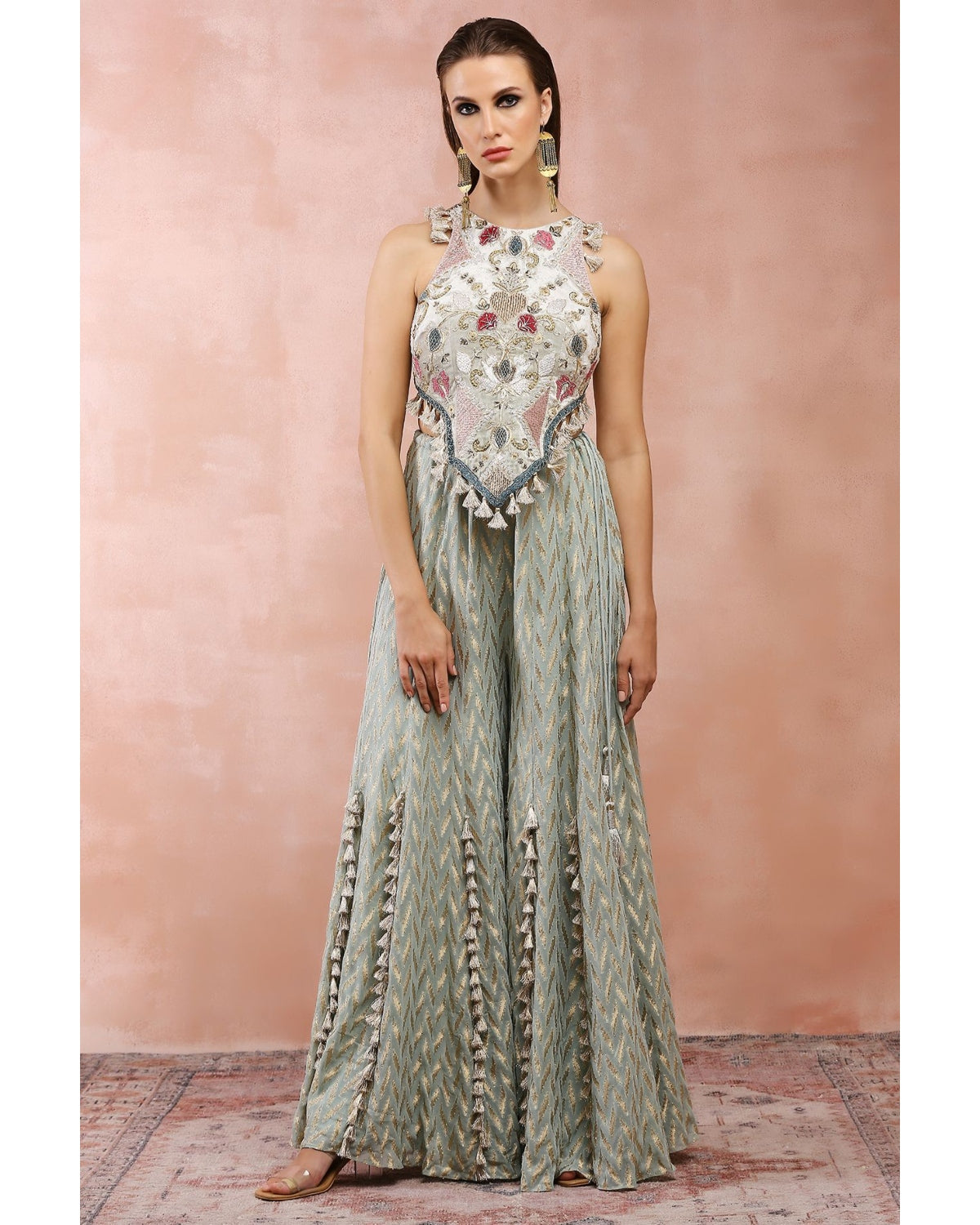 Powder Blue Applique Embroidered Blouse With Sharara by Payal Singhal