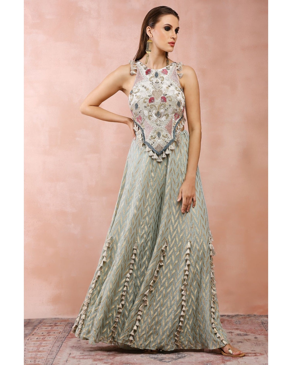 Powder Blue Applique Embroidered Blouse With Sharara