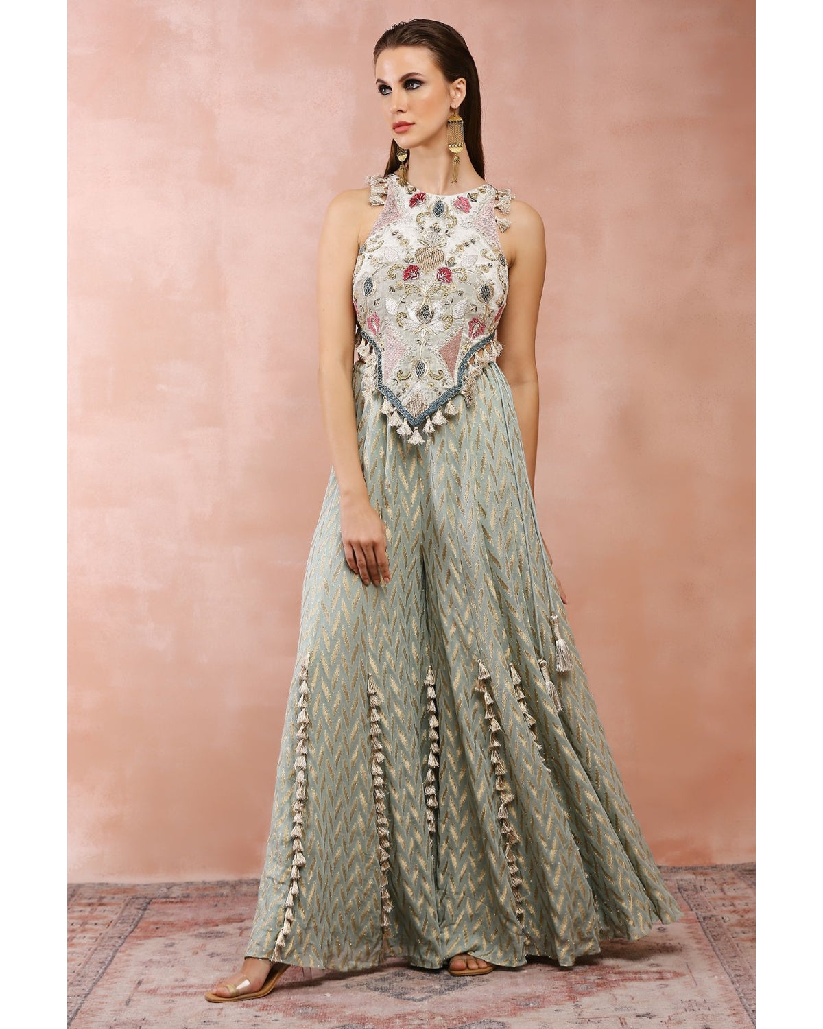 Powder Blue Applique Embroidered Blouse With Sharara