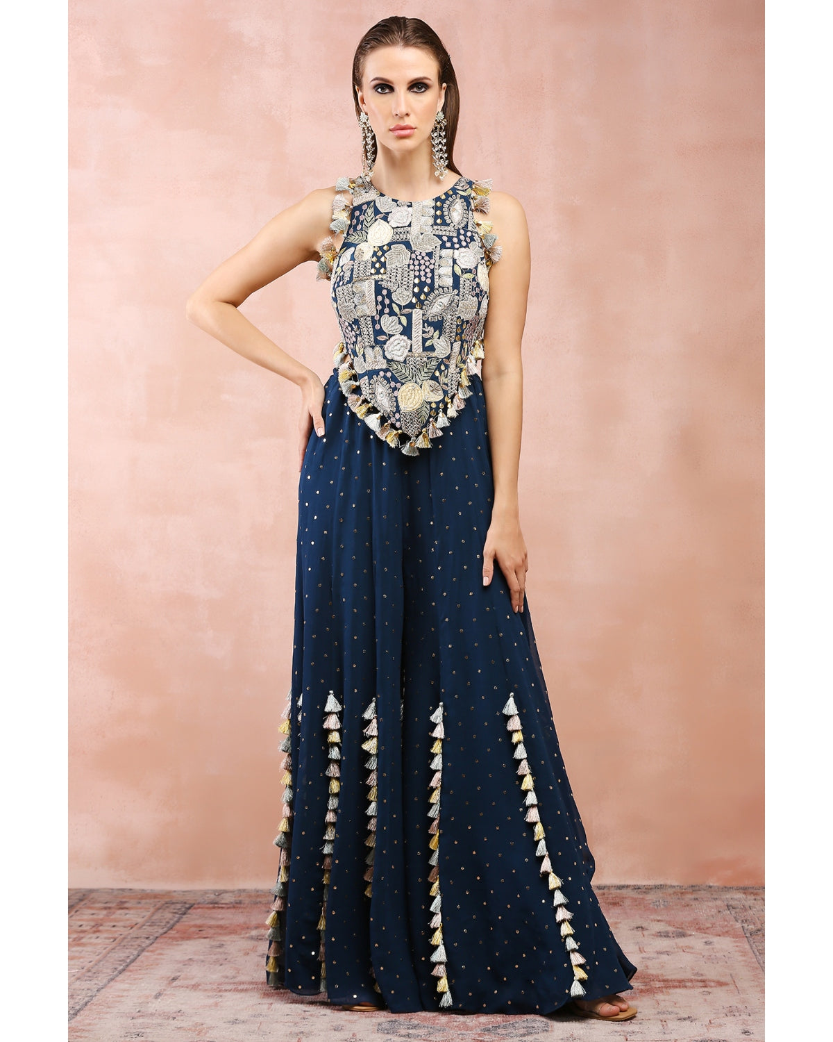 Teal Applique Blue Embroidered Blouse With Sharara by Payal Singhal 