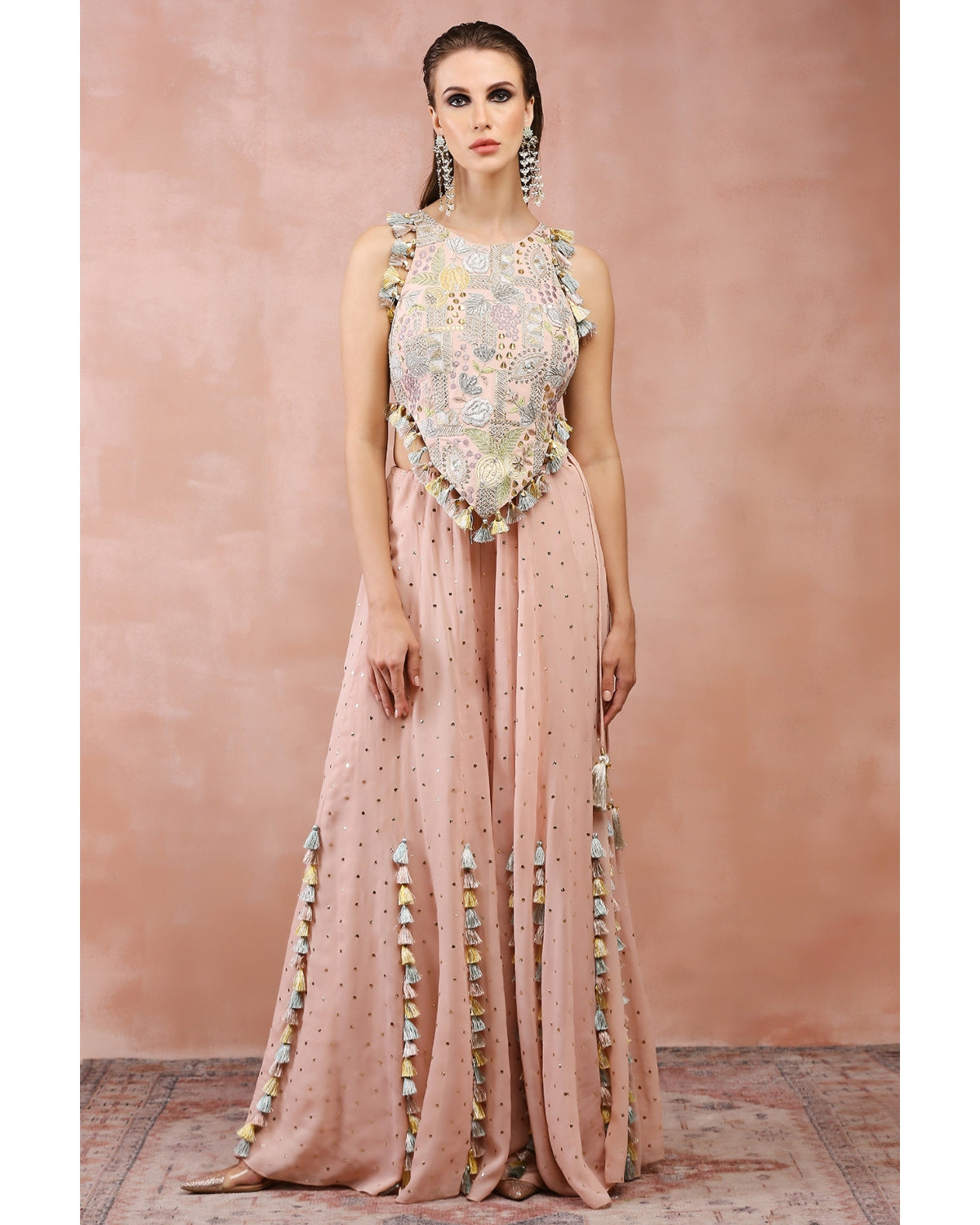 Rose Pink Applique Embroidered Choli With Sharara by Payal Singhal