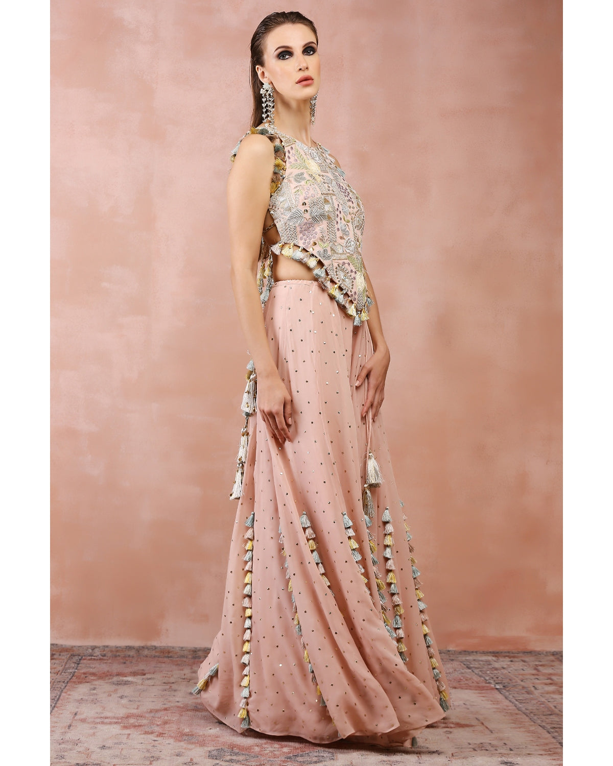 Rose Pink Applique Embroidered Choli With Sharara