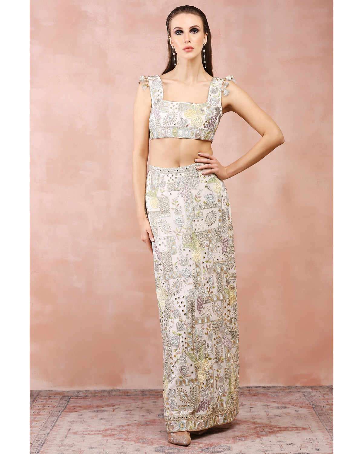 Off White Applique Embroidered Blouse And Skirt by Payal Singhal