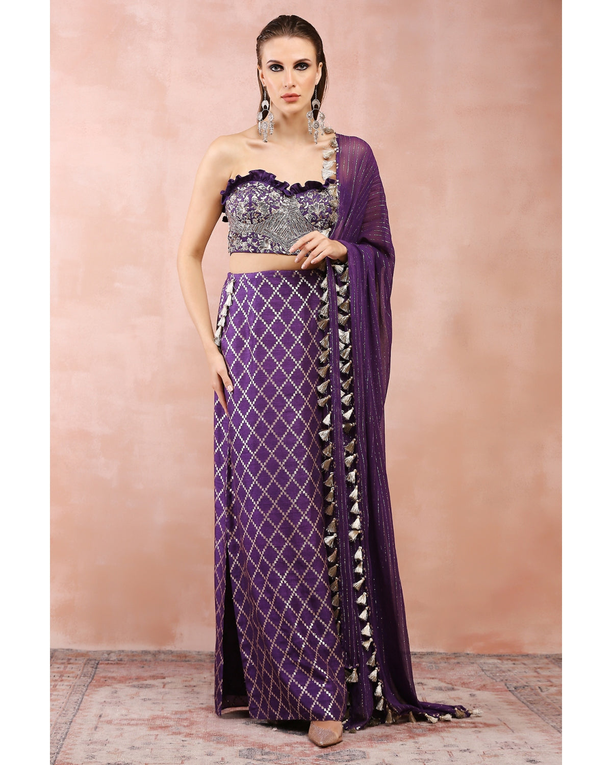 Purple Embroidered Corset Bustier With Skirt And Dupatta by Payal Singhal