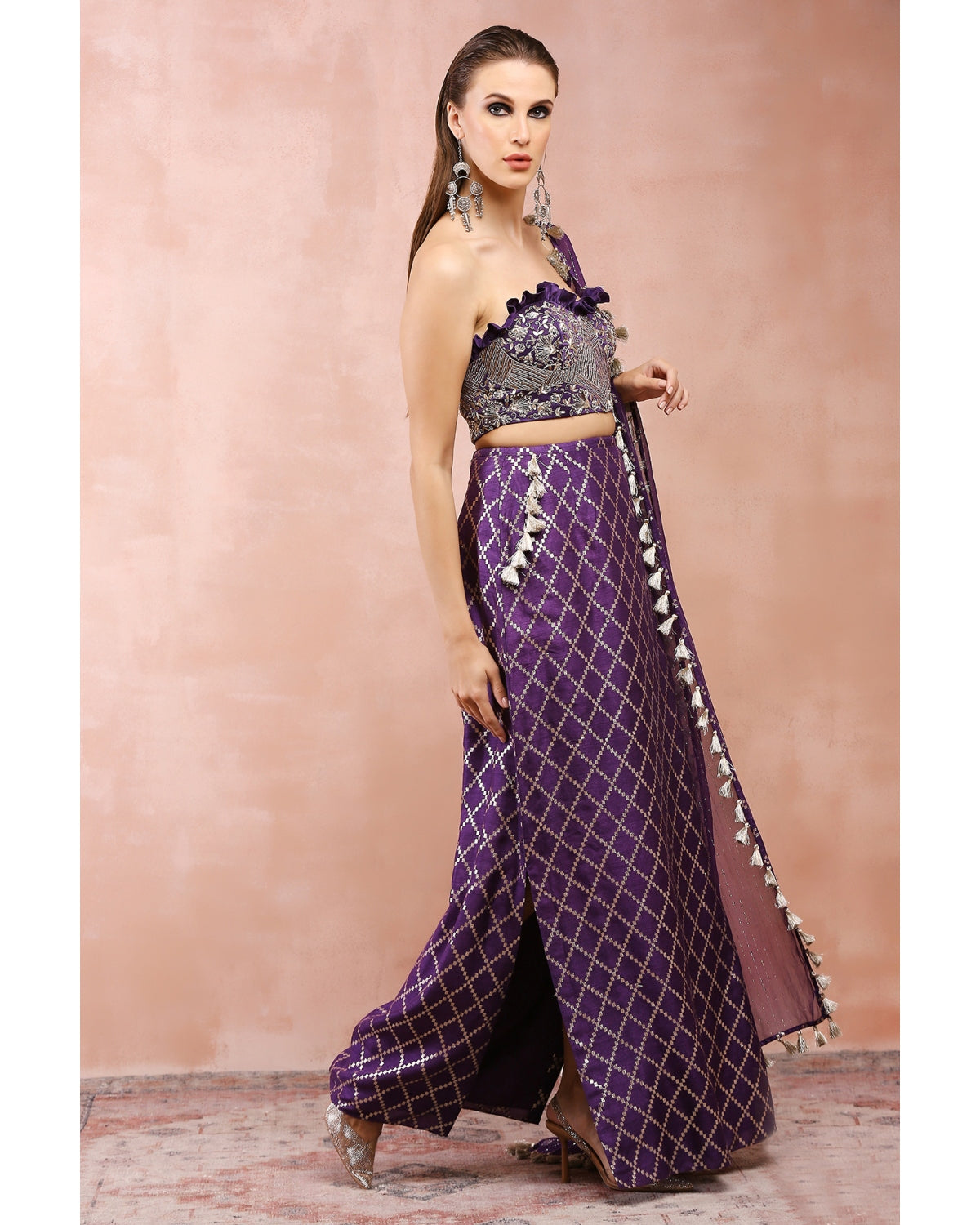 Purple Embroidered Corset Bustier With Skirt And Dupatta