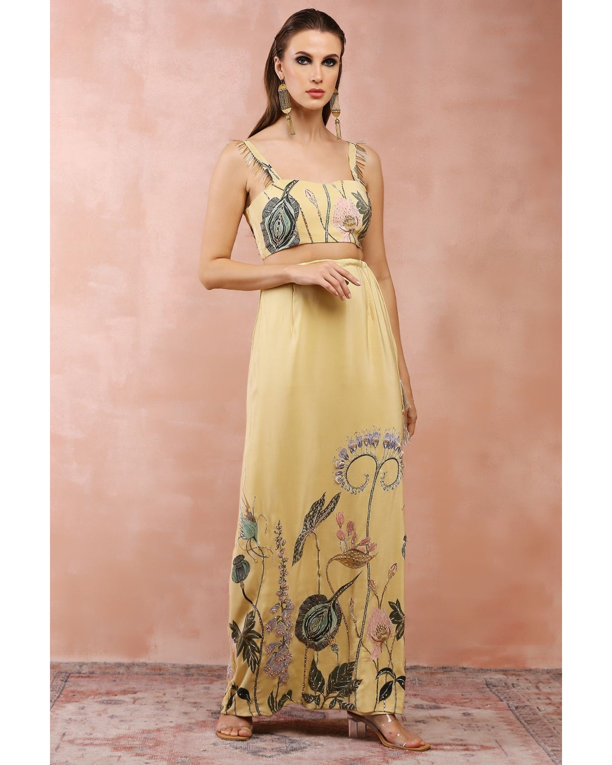 Yellow Niloufar Print Embroidered Blouse With Skirt by Payal Singhal
