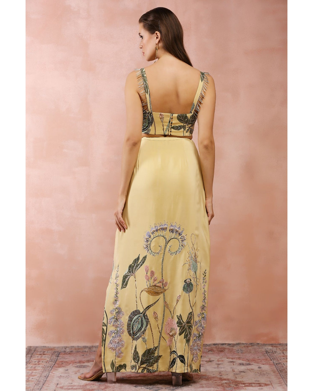 Yellow Niloufar Print Embroidered Blouse With Skirt