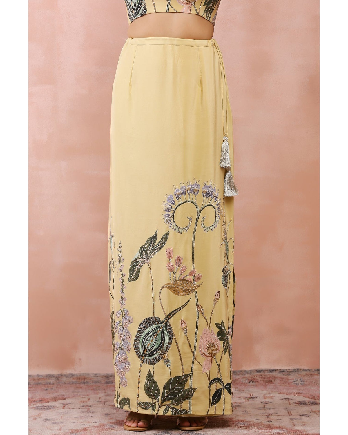Yellow Niloufar Print Embroidered Blouse With Skirt