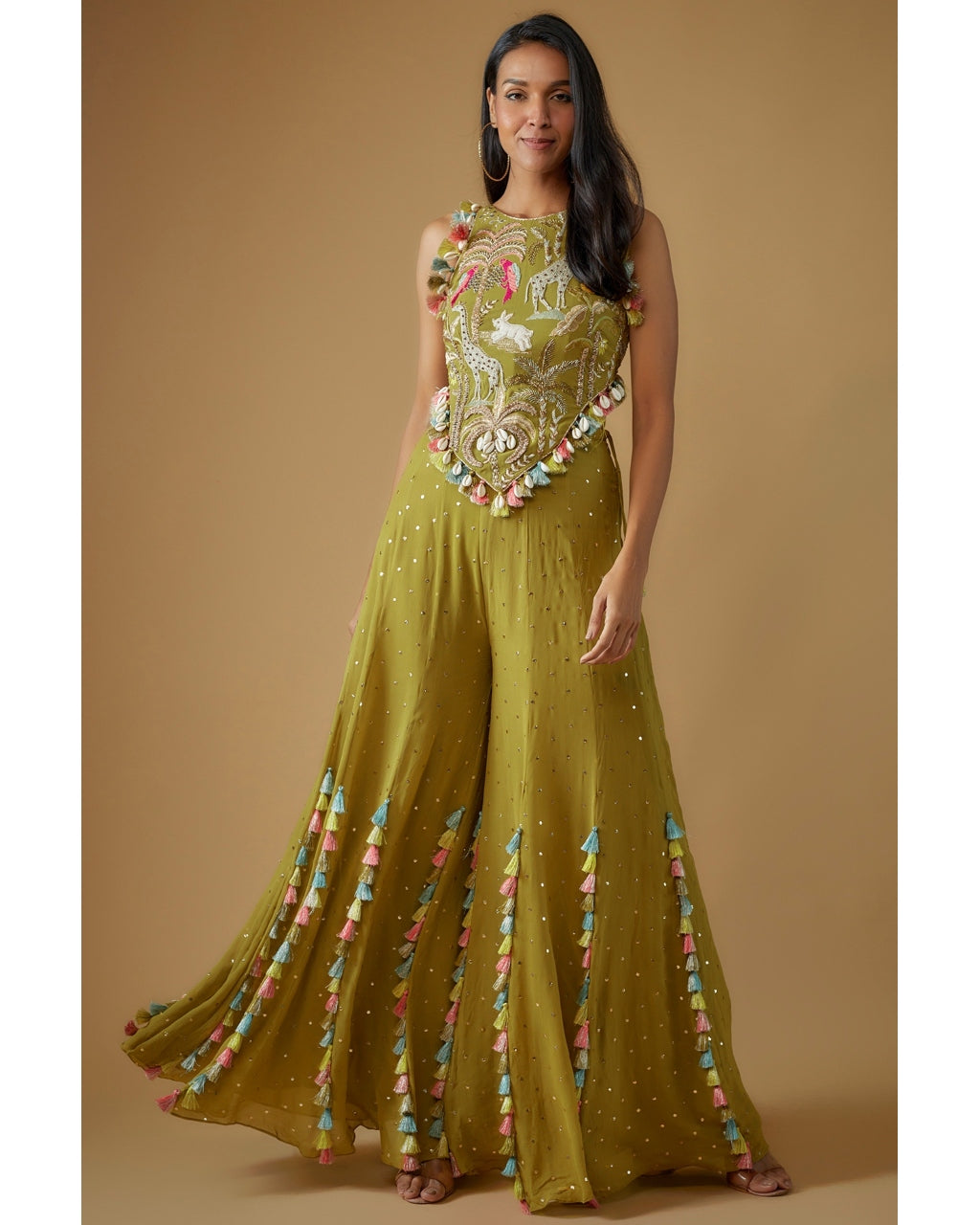 Olive Green Embroidered Back Tie-Up Choli With Sharara Set