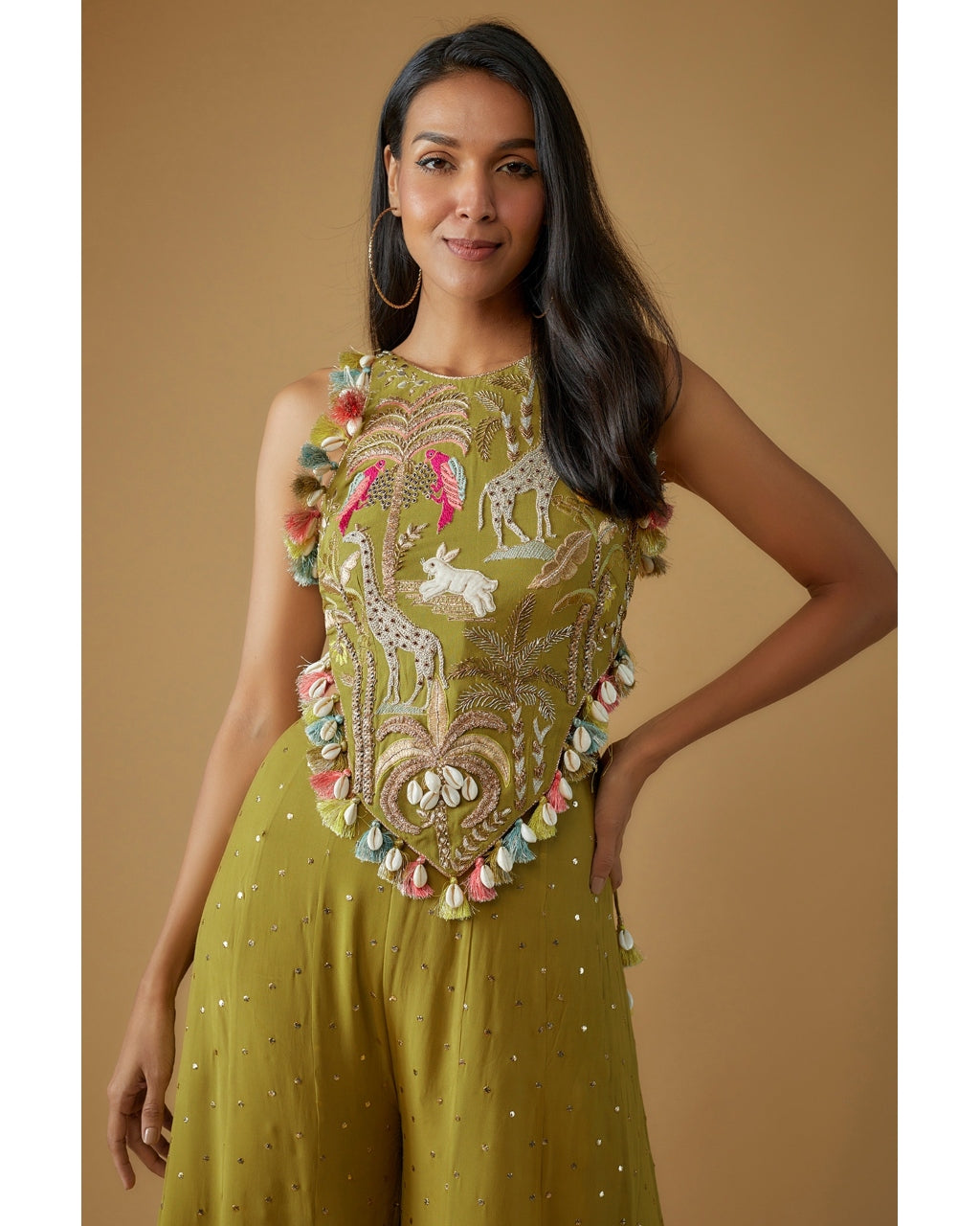 Olive Green Embroidered Back Tie-Up Choli With Sharara Set