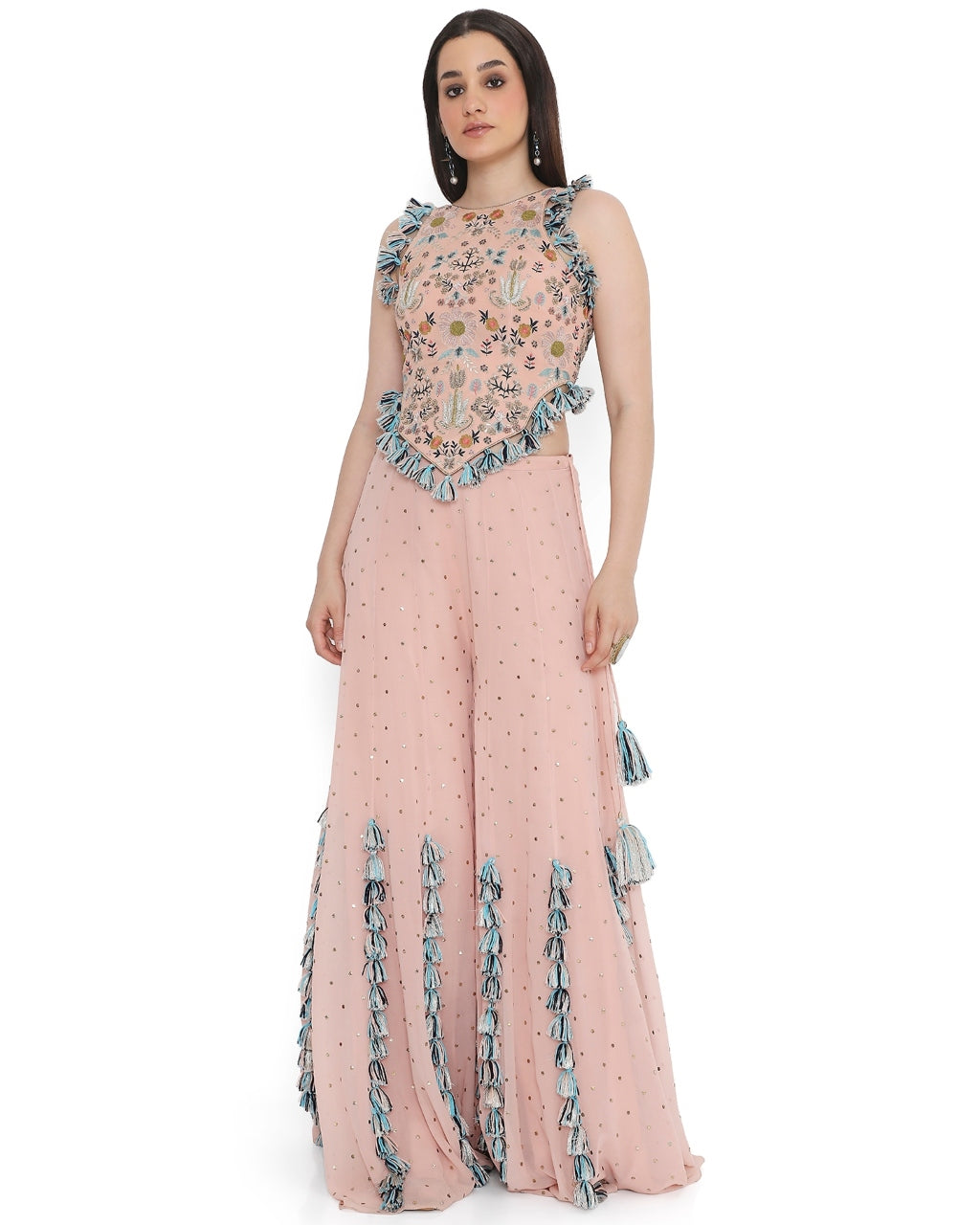 Rose Pink Embroidered Back Tie-Up Choli With Sharara