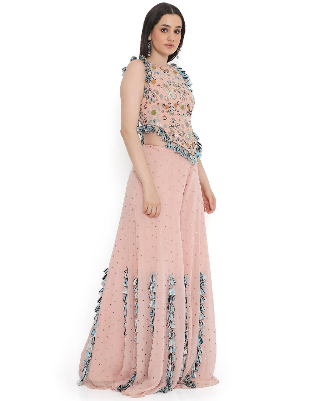 Rose Pink Embroidered Back Tie-Up Choli With Sharara