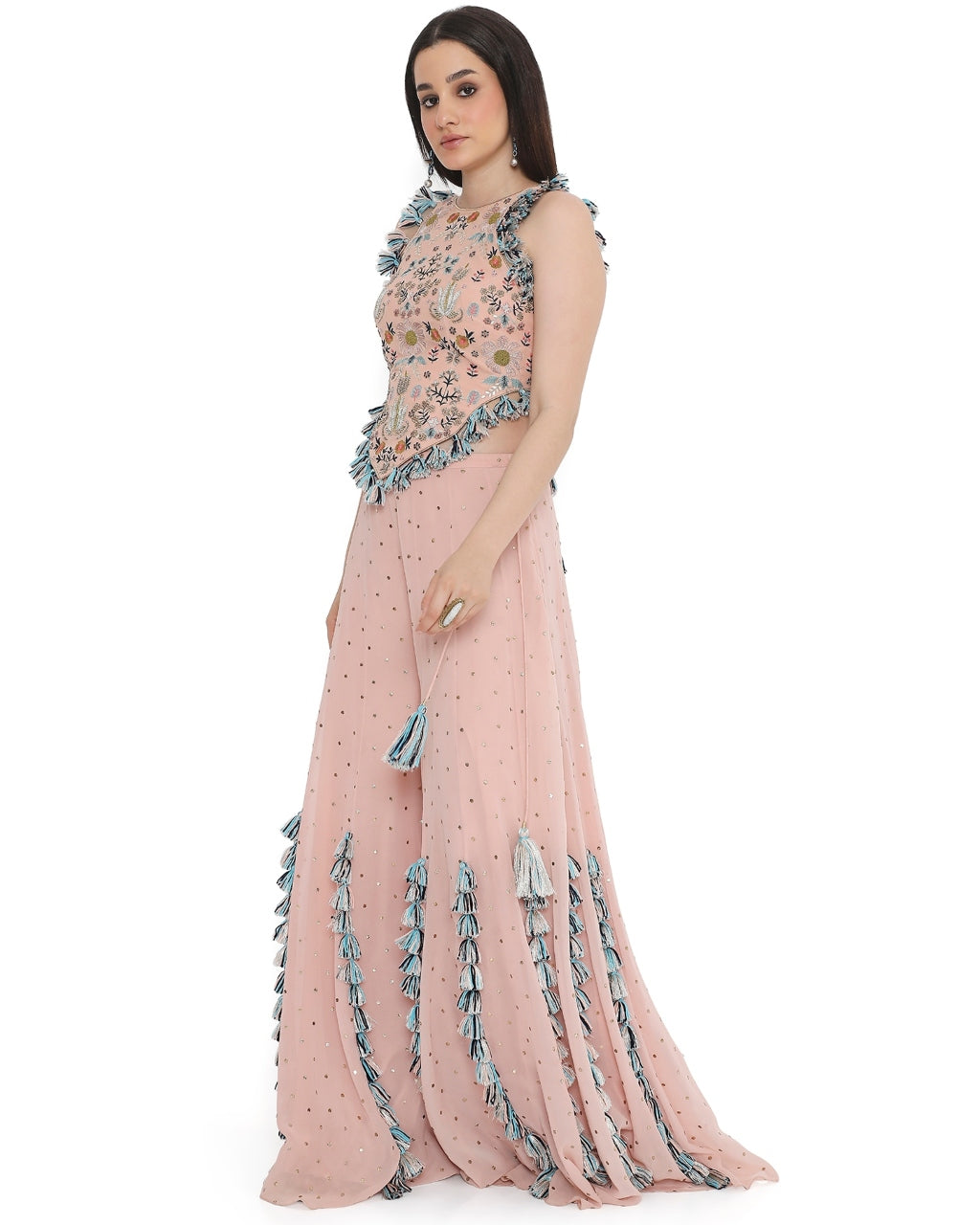 Rose Pink Embroidered Back Tie-Up Choli With Sharara