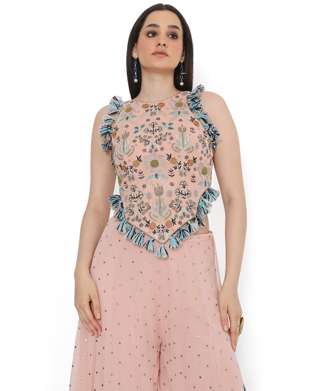 Rose Pink Embroidered Back Tie-Up Choli With Sharara