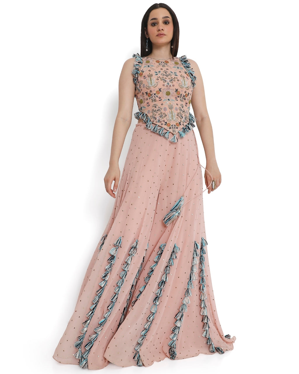 Rose Pink Embroidered Back Tie-Up Choli With Sharara