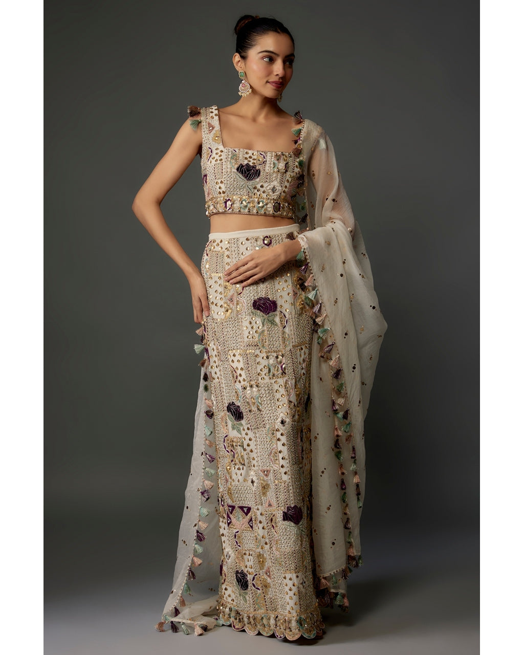 Off-White Embroidered Choli And Skirt Set