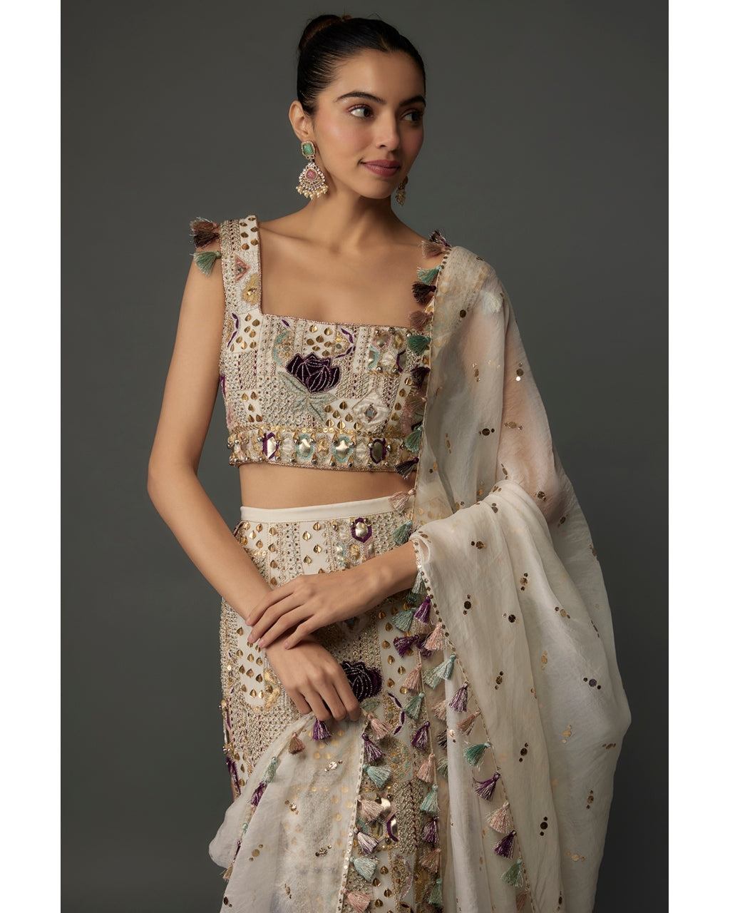 Off-White Embroidered Choli And Skirt Set