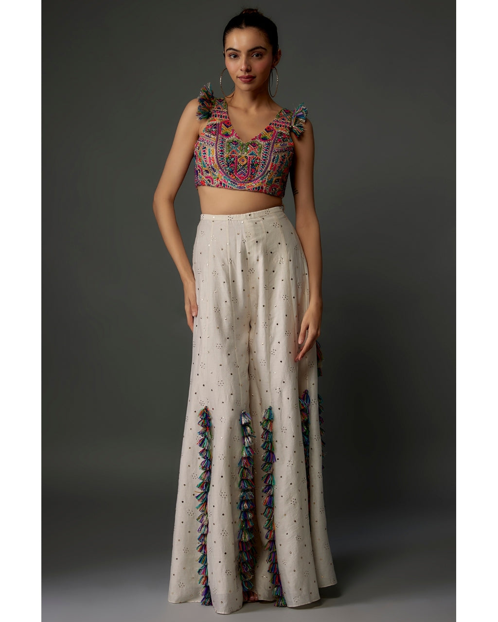 Off-White Embroidered Back Tie-Up Choli With Sharara Set