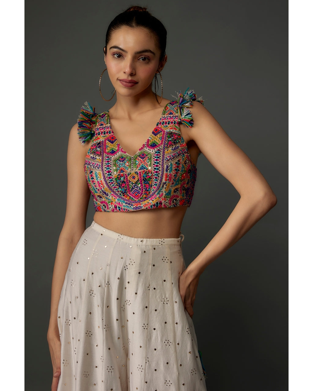 Off-White Embroidered Back Tie-Up Choli With Sharara Set