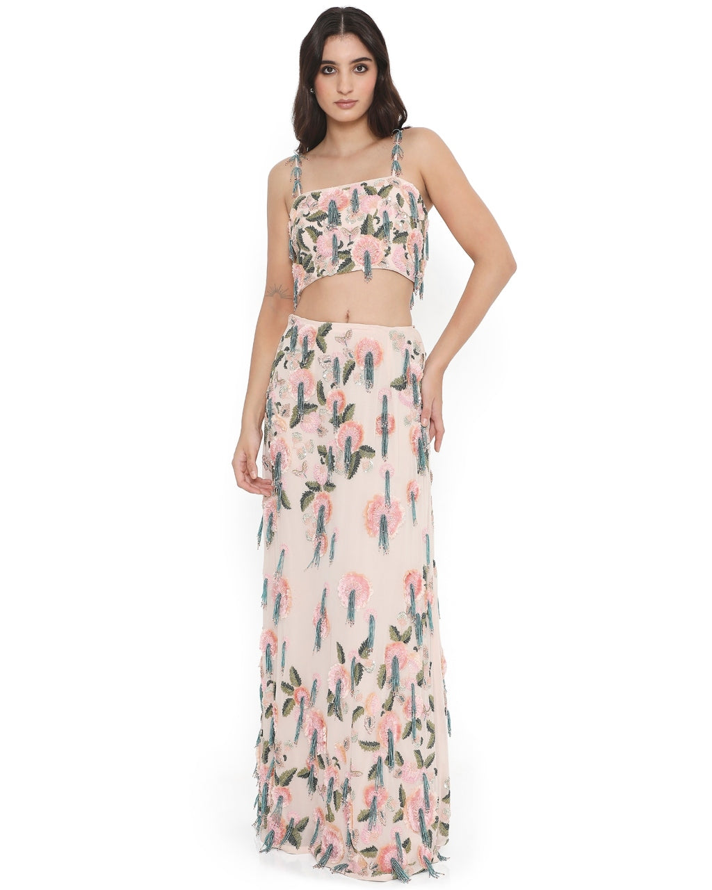 Blush Pink Embroidered Choli With Slit Skirt