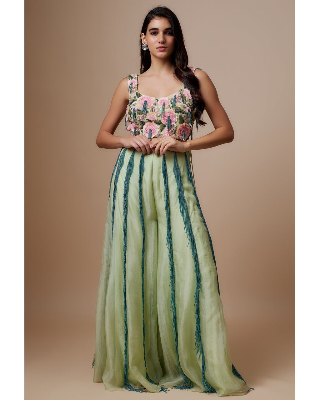 Mint Embroidered Bustier With Organza Sharara Set