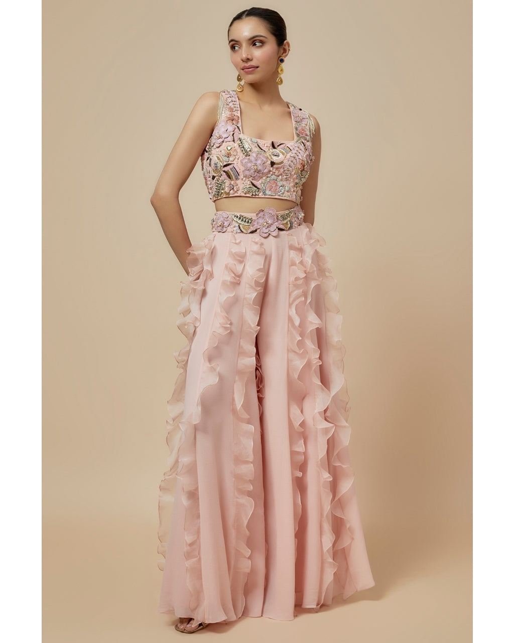 Rose Pink Embroidered Back Tie-Up Choli And Ruffled Sharara Set