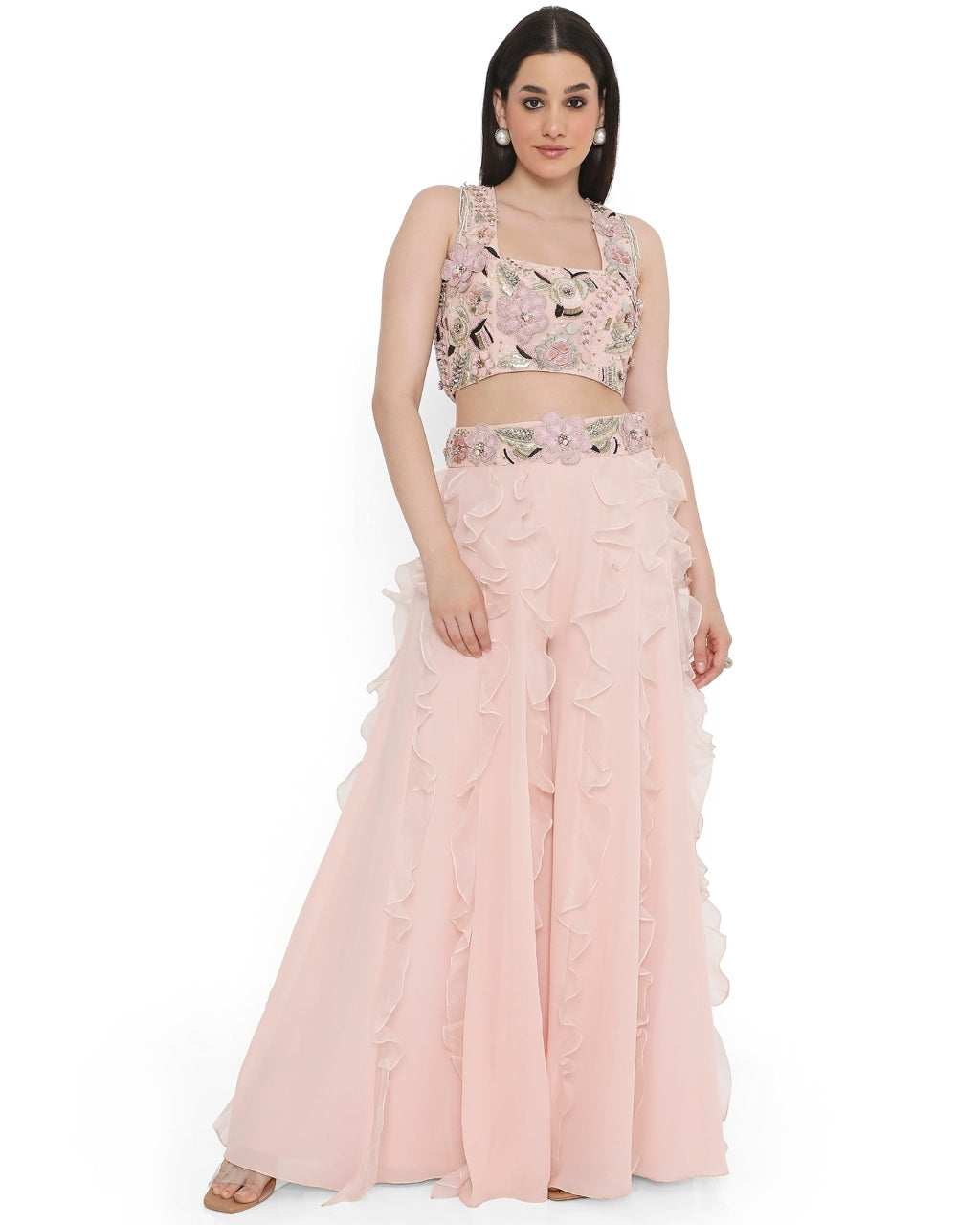 Rose Pink Embroidered Back Tie-Up Choli With Ruffled Sharara