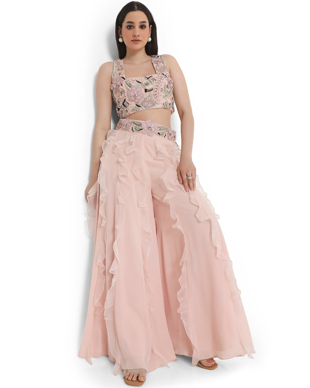 Rose Pink Embroidered Back Tie-Up Choli With Ruffled Sharara