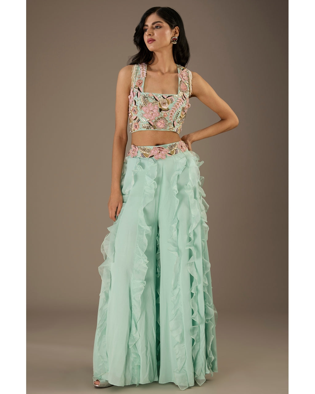 Aqua Embroidered Back Tie-Up Choli And Ruffled Sharara Set