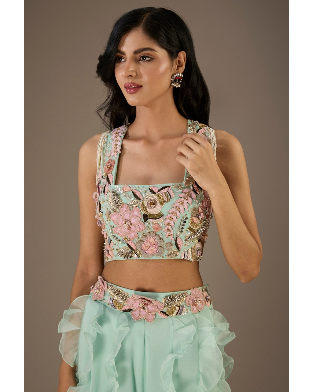 Aqua Embroidered Back Tie-Up Choli And Ruffled Sharara Set