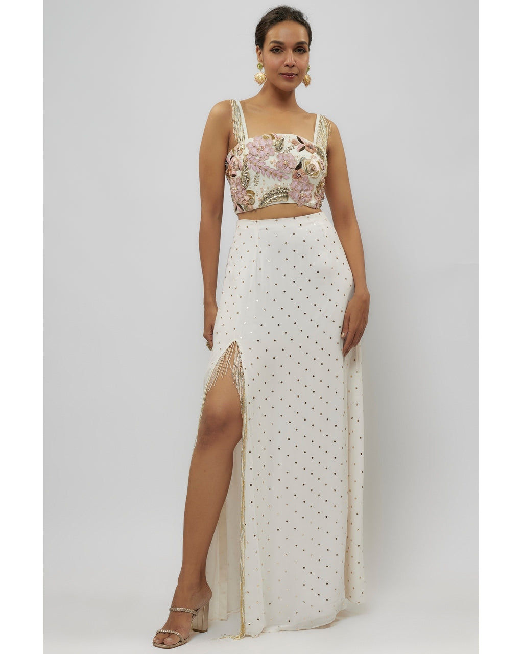 Off White Embroidered Choli With Slit Skirt Set