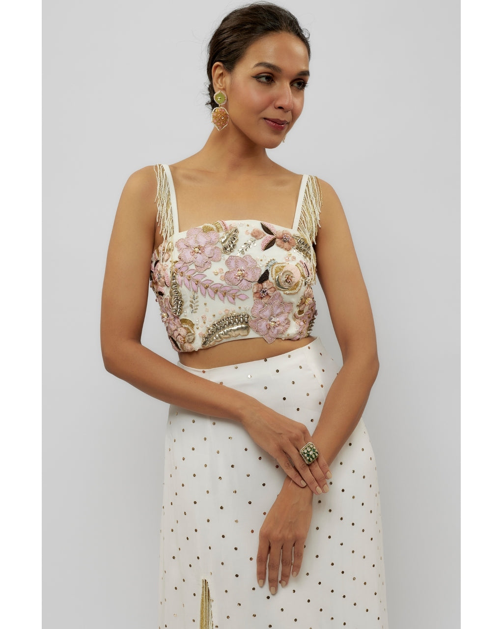 Off White Embroidered Choli With Slit Skirt Set