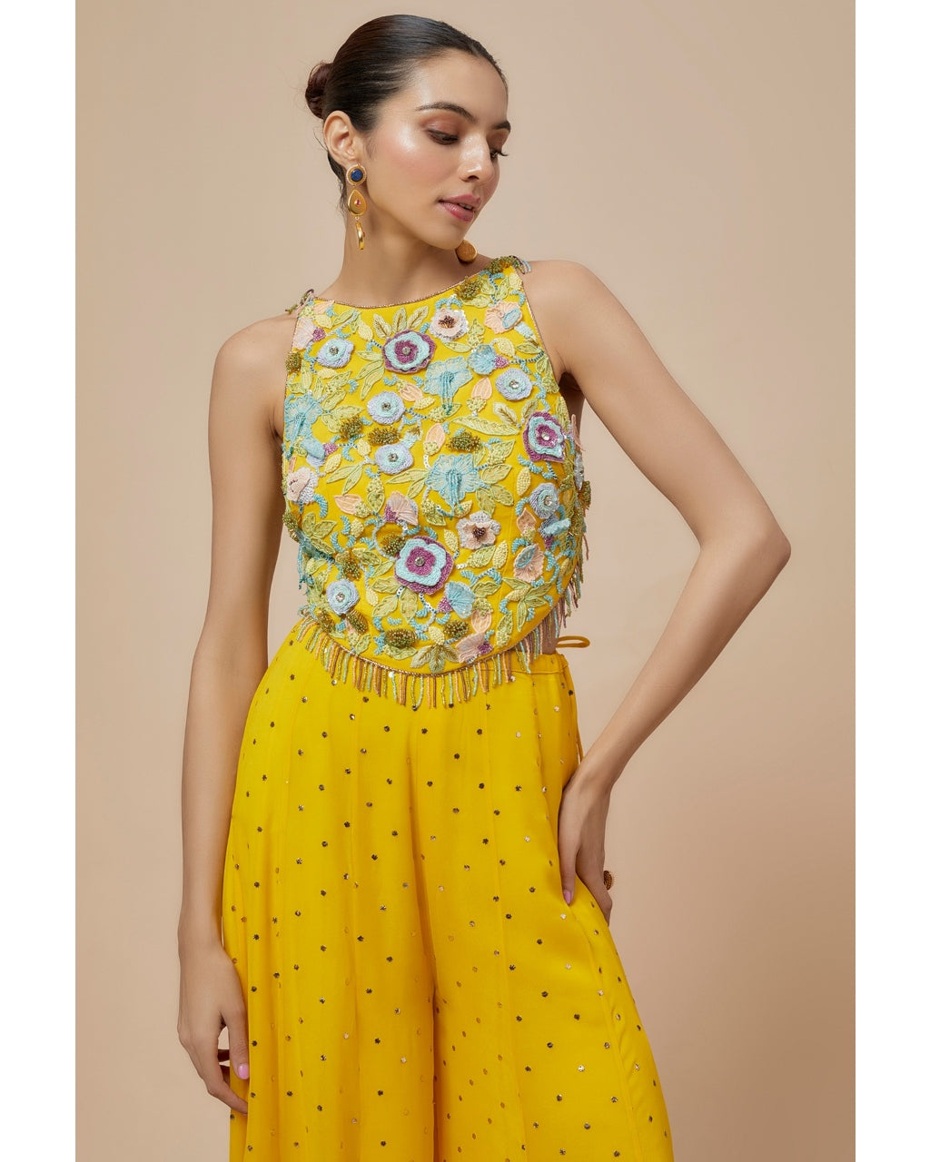 Lime Yellow Embroidered Back Tie-Up Choli And Sharara Set