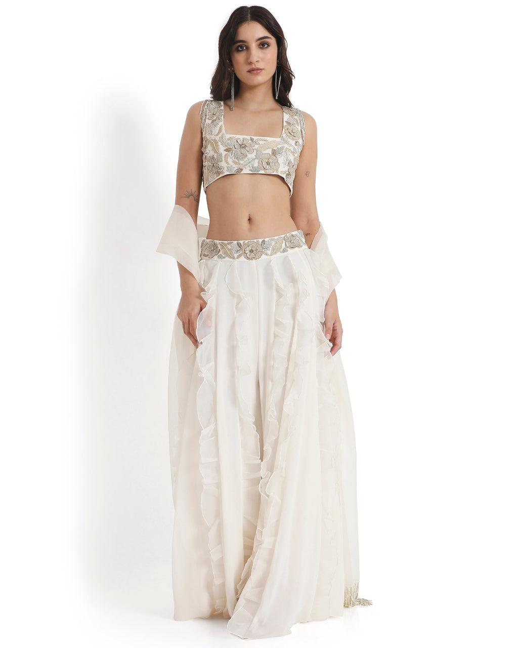 Off-White Embroidered Back Tie-Up Choli And Ruffled Sharara With Dupatta