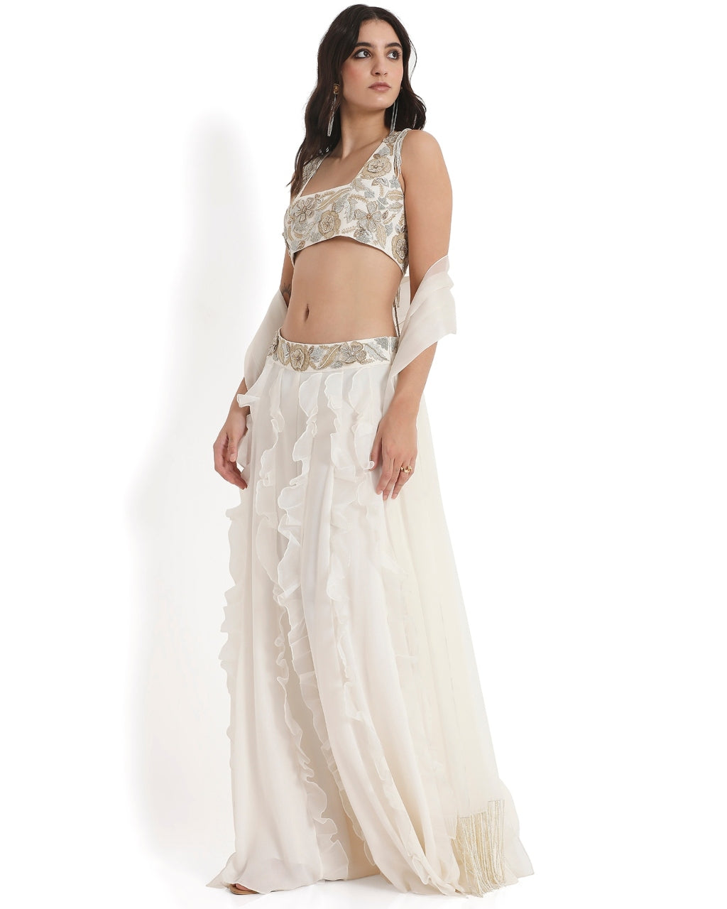 Off-White Embroidered Back Tie-Up Choli And Ruffled Sharara With Dupatta