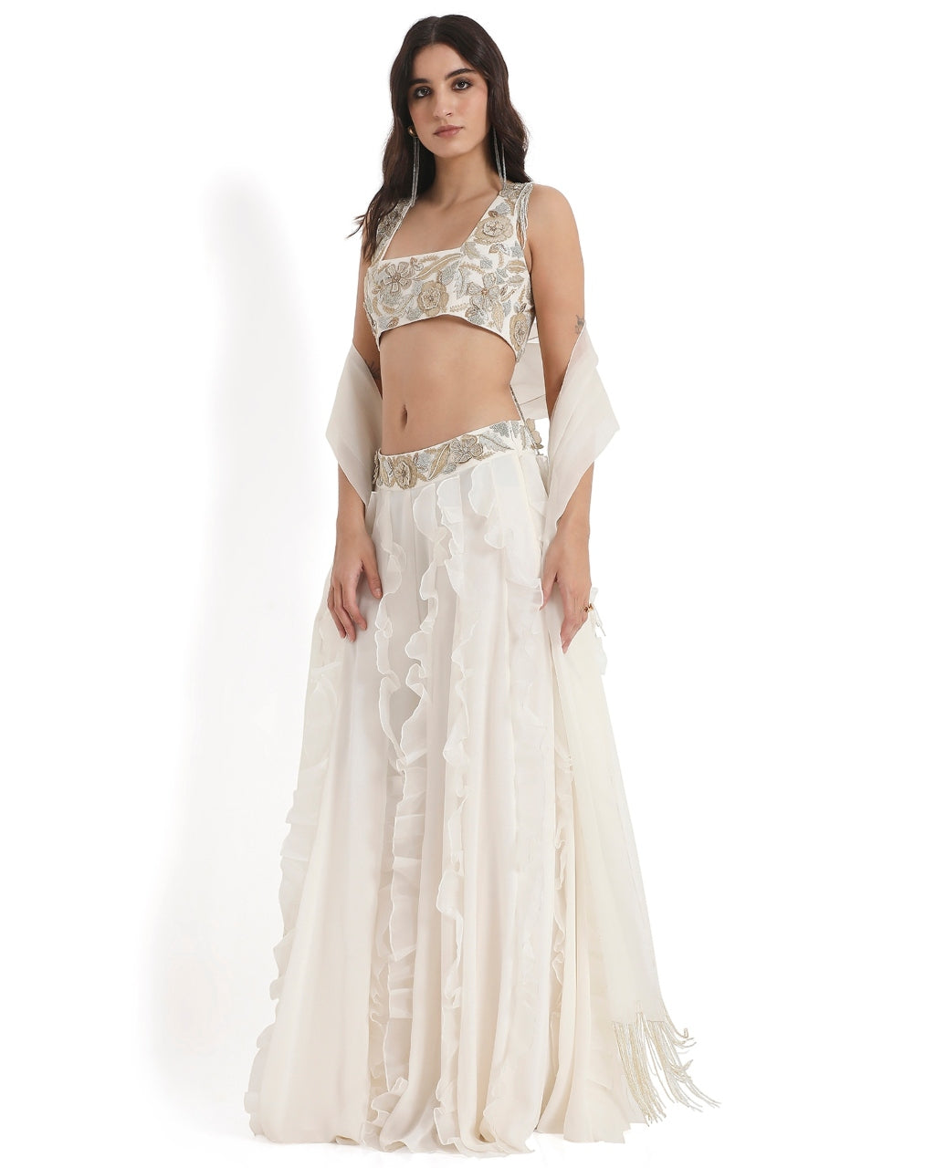 Off-White Embroidered Back Tie-Up Choli And Ruffled Sharara With Dupatta