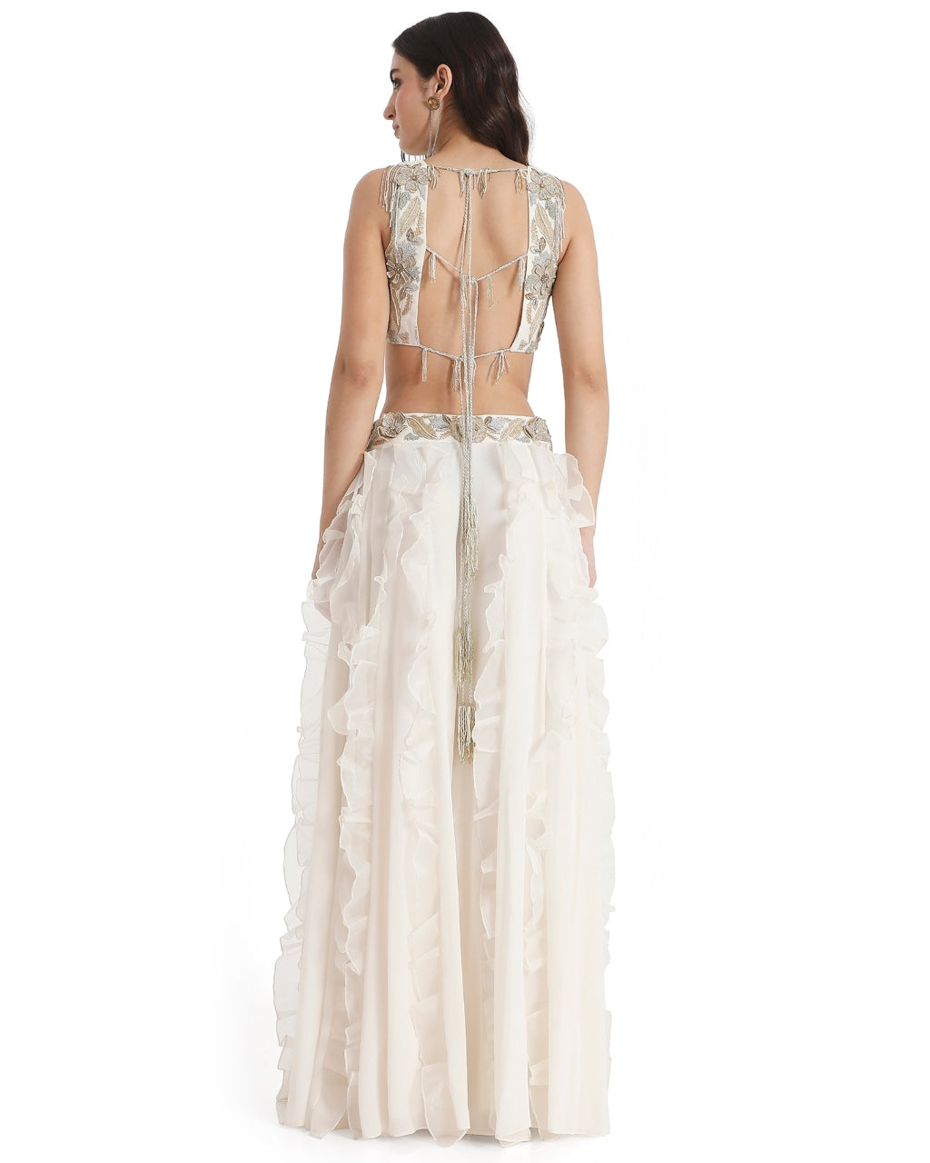 Off-White Embroidered Back Tie-Up Choli And Ruffled Sharara With Dupatta